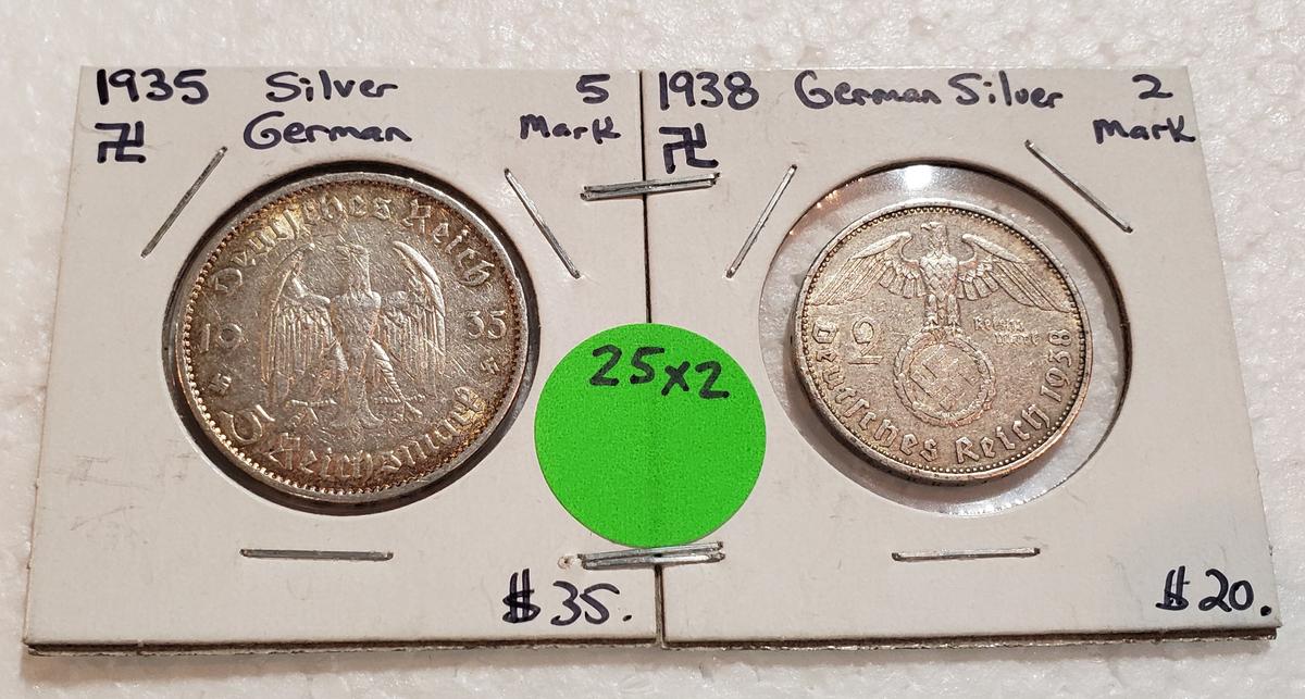 1935, 1938 GERMAN SILVER COINS - 5 MARK, 2 MARK - 2 TIMES MONEY