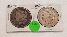 1880-S, 1887-O MORGAN SILVER DOLLARS - 2 TIMES MONEY