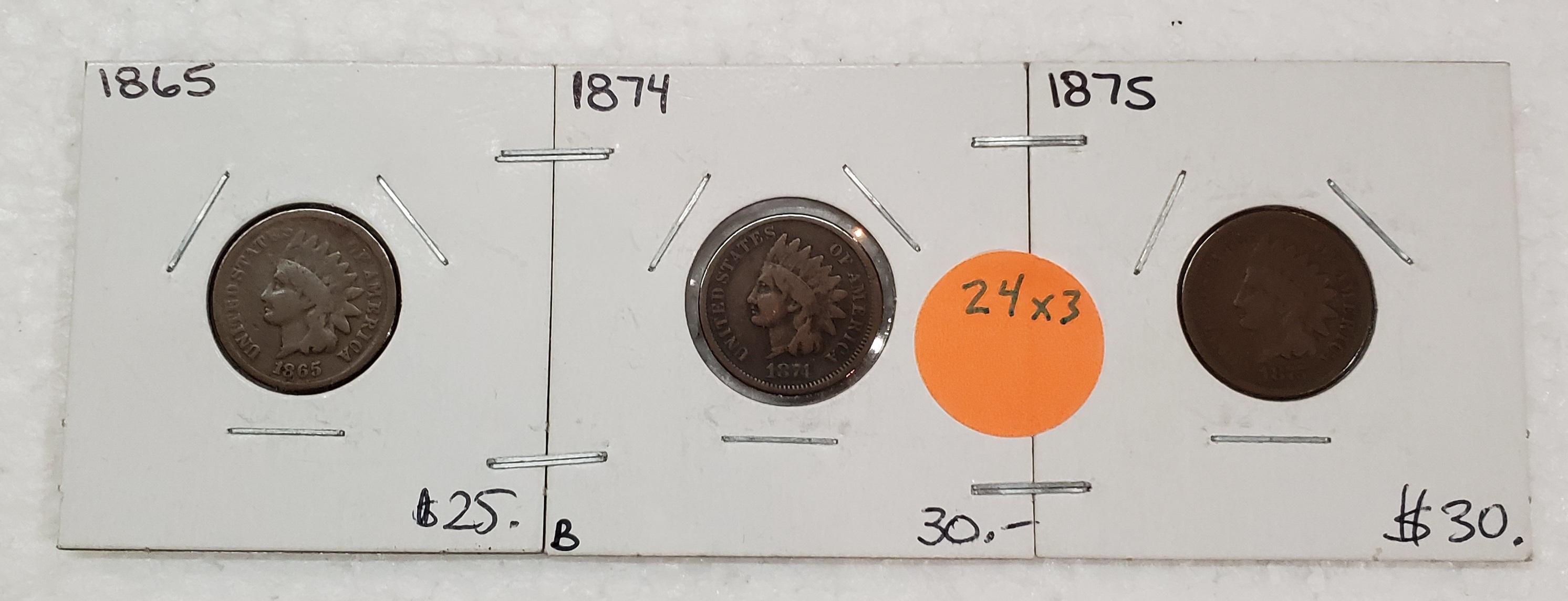 1865, 1874, 1875 INDIAN HEAD CENTS - 3 TIMES MONEY