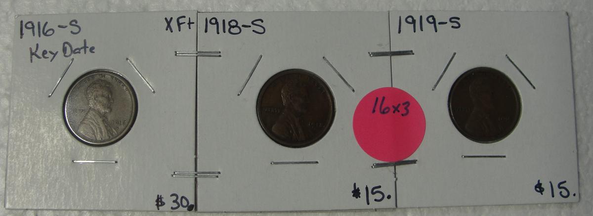 1916-S, 1918-S, 1919-S LINCOLN WHEAT CENTS - 3 TIMES MONEY