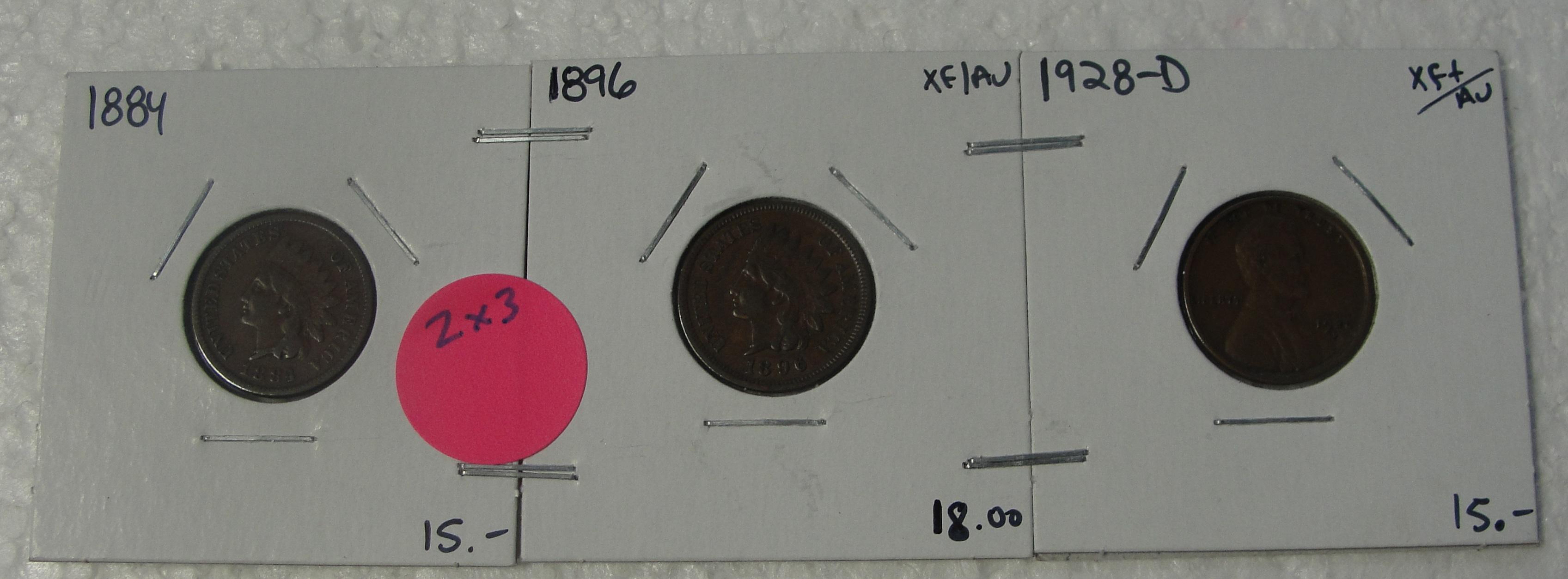 1884, 1896 INDIAN HEAD, 1928-D LINCOLN WHEAT CENTS - 3 TIMES MONEY