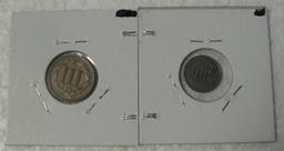 1853 SILVER, 1867 NICKEL THREE CENT COINS - 2 TIMES MONEY