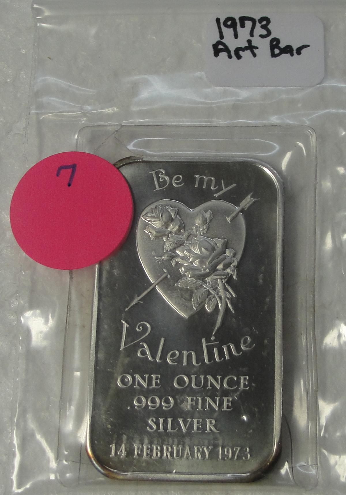 1973 BE MY VALENTINE ONE OUNCE SILVER ART BAR