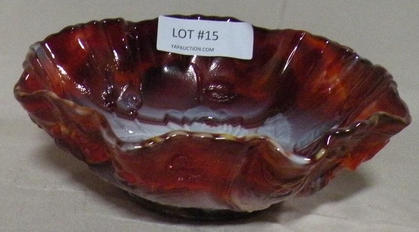 IMPERIAL SLAG GLASS FLARED & RUFFLED BOWL - OPEN ROSE PATTERN