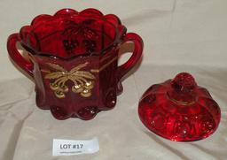 RED GLASS PLANTATION COOKIE JAR W/LID