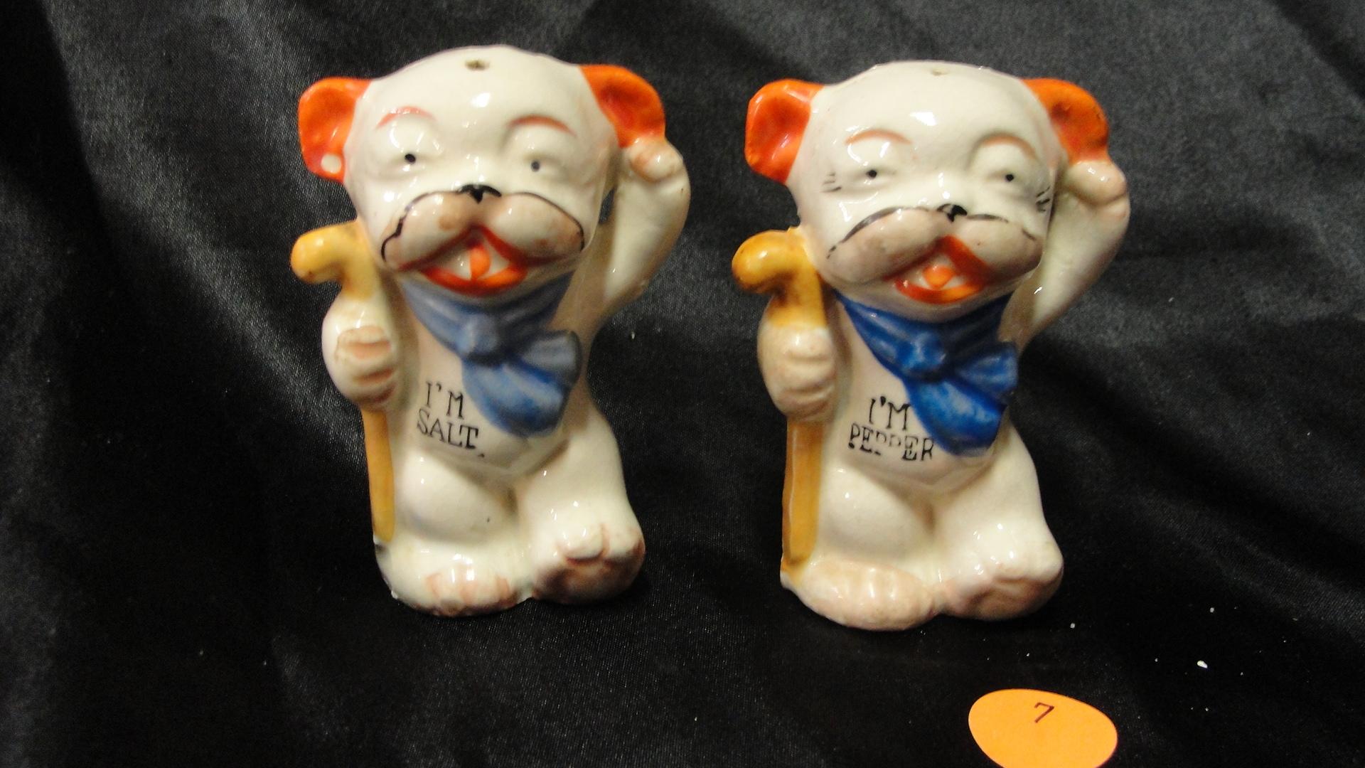 PAIR OF VINTAGE CERAMIC DOG SALT & PEPPER SHAKERS