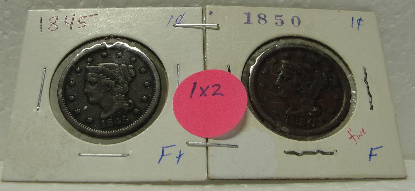 1845, 1850 BRAIDED HAIR LARGE CENTS - 2 TIMES MONEY