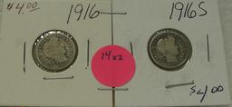1916, 1916-S BARBER DIMES - 2 TIMES MONEY