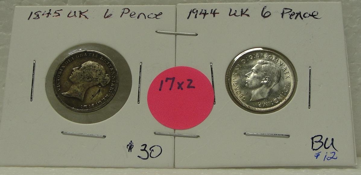 1845, 1944 UNITED KINGDOM 6 PENCE COINS - 2 TIMES MONEY