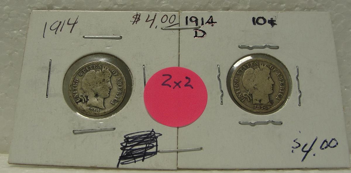 1914, 1914-D BARBER DIMES - 2 TIMES MONEY