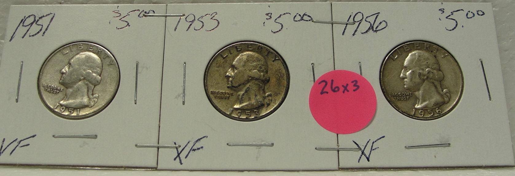 1951, 1953, 1956 SILVER WASHINGTON QUARTERS - 3 TIMES MONEY