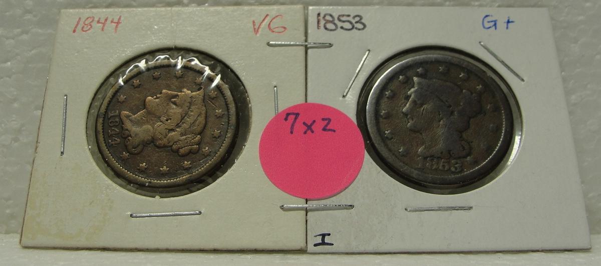 1844, 1853 BRAIDED HAIR LARGE CENTS - 2 TIMES MONEY