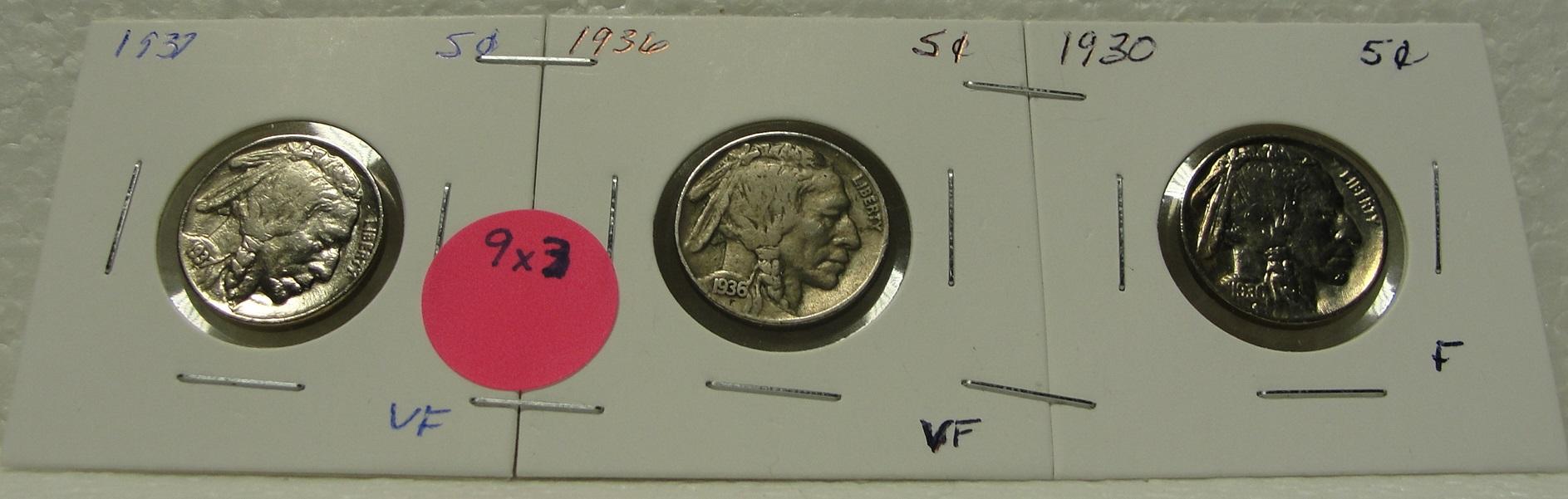 1930, 1936, 1937 BUFFALO NICKELS - 3 TIMES MONEY