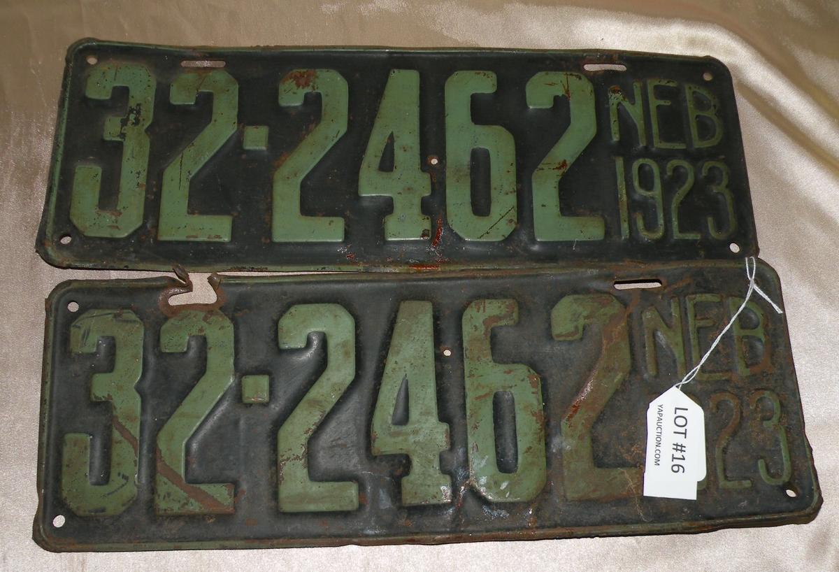 MATCHING PAIR 1923 THAYER CO. NEBR. LICENSE PLATES