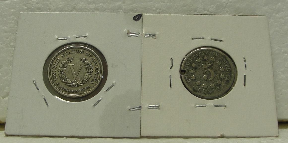 1868 SHIELD, 1883 NO CENTS LIBERTY NICKELS - 2 TIMES MONEY