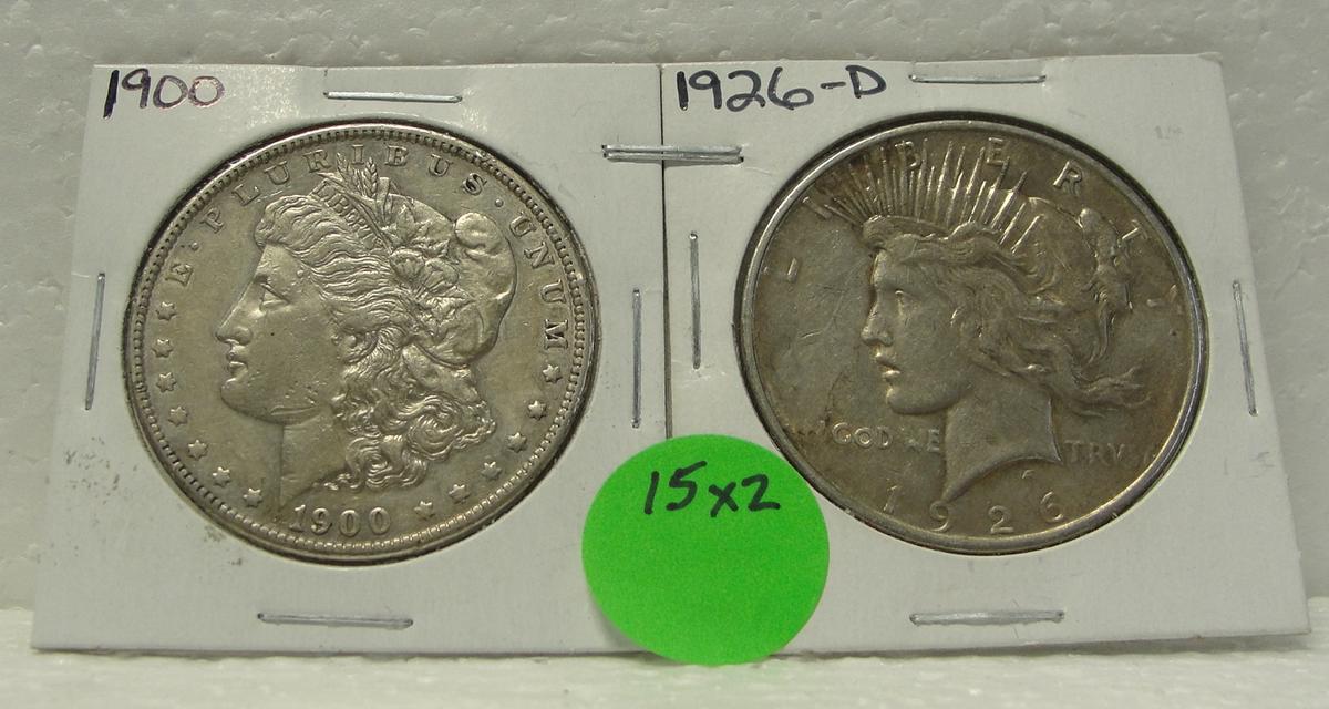 1900 MORGAN, 1926-D PEACE SILVER DOLLARS - 2 TIMES MONEY