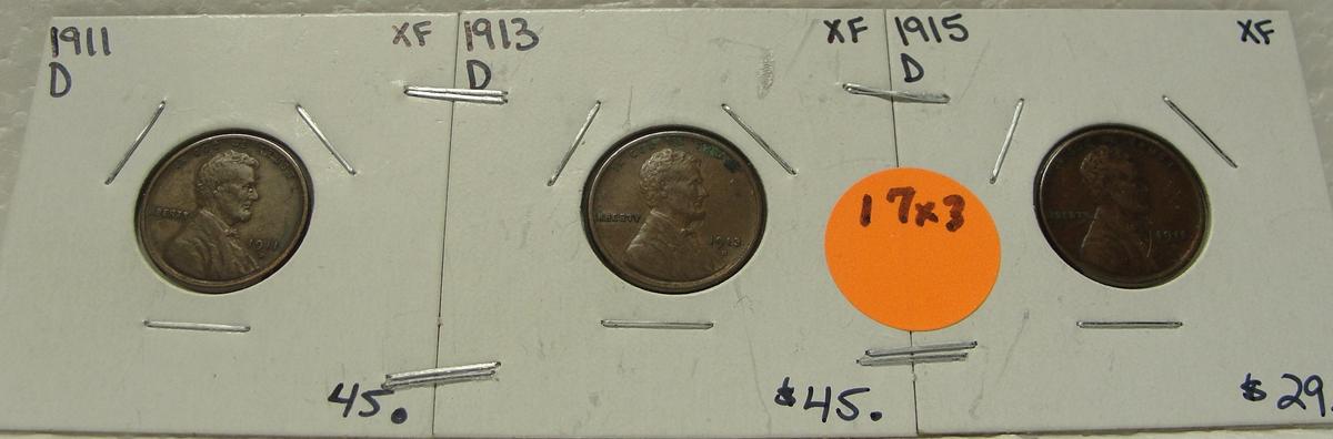 1911-D, 1913-D, 1915-D LINCOLN WHEAT CENTS - 3 TIMES MONEY