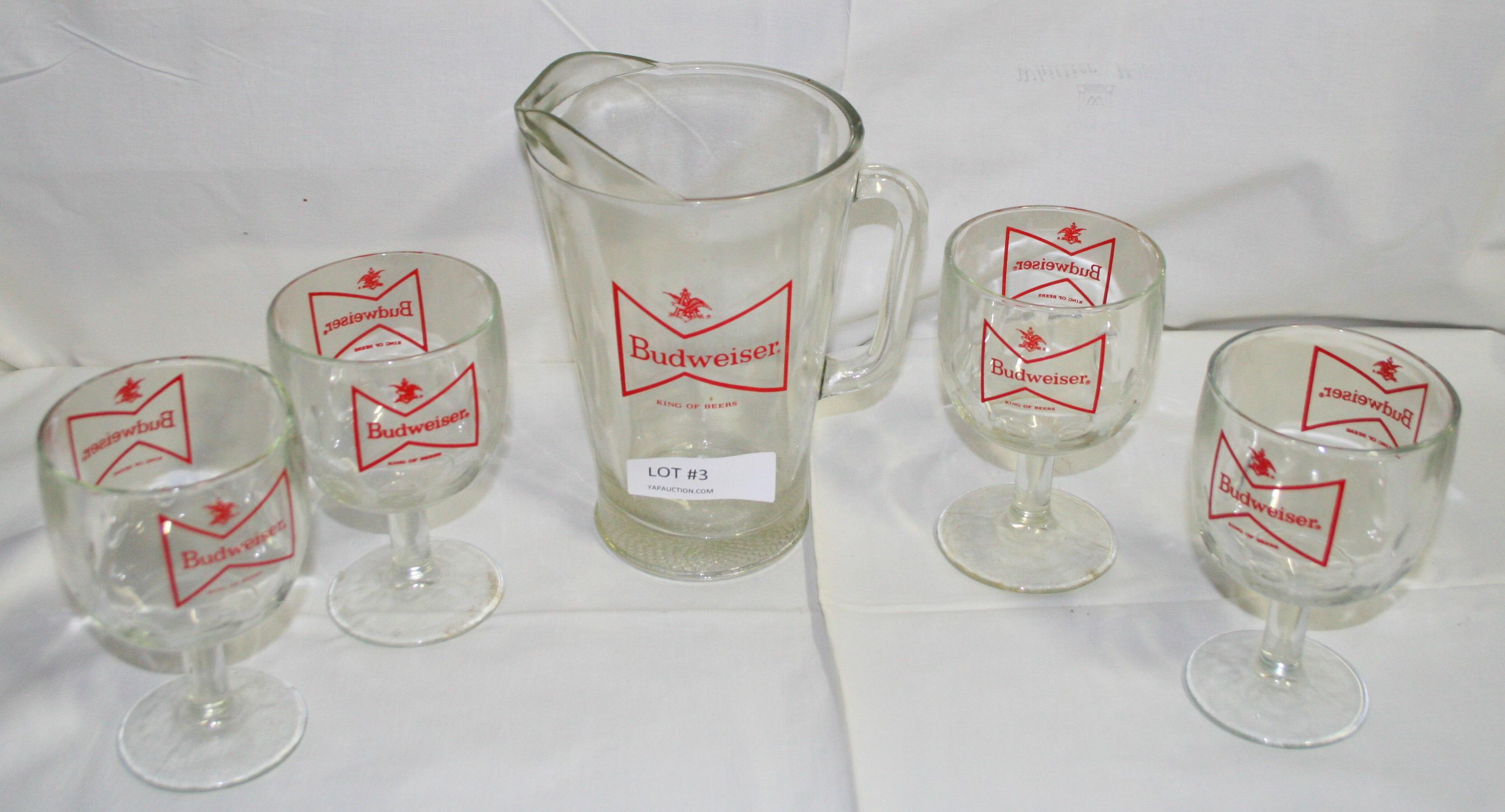 5-PC. GLASS BUDWEISER PITCHER & GOBLET SET