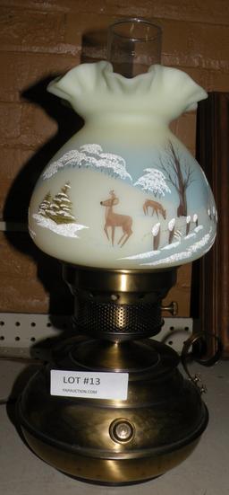 VINTAGE ELECTRIFIED BRASS LAMP W/HANDPAINTED SHADE