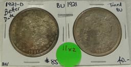 1921, 1921-D BU MORGAN SILVER DOLLARS - 2 TIMES MONEY