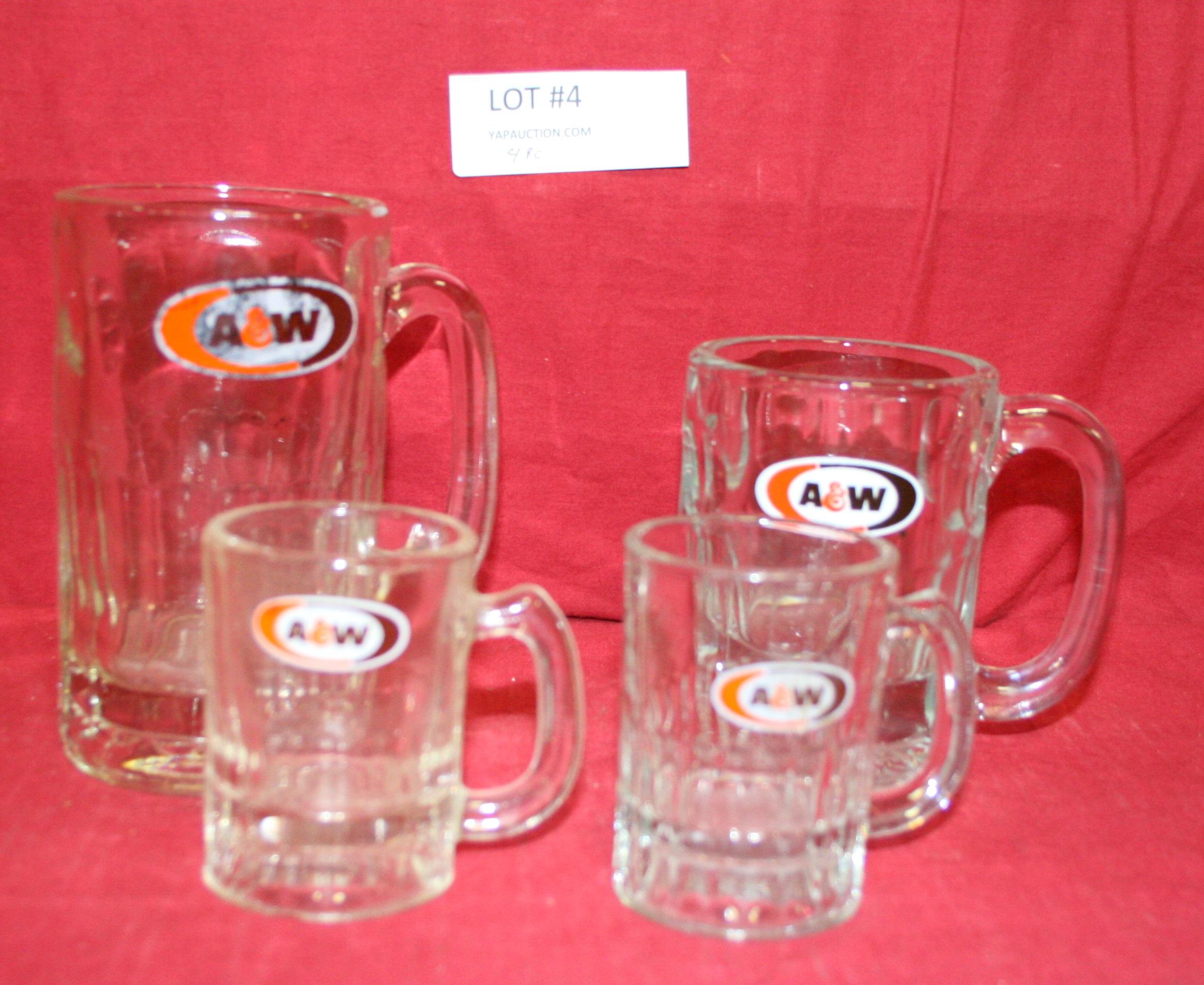 4 VINTAGE GLASS A&W ROOT BEER MUGS