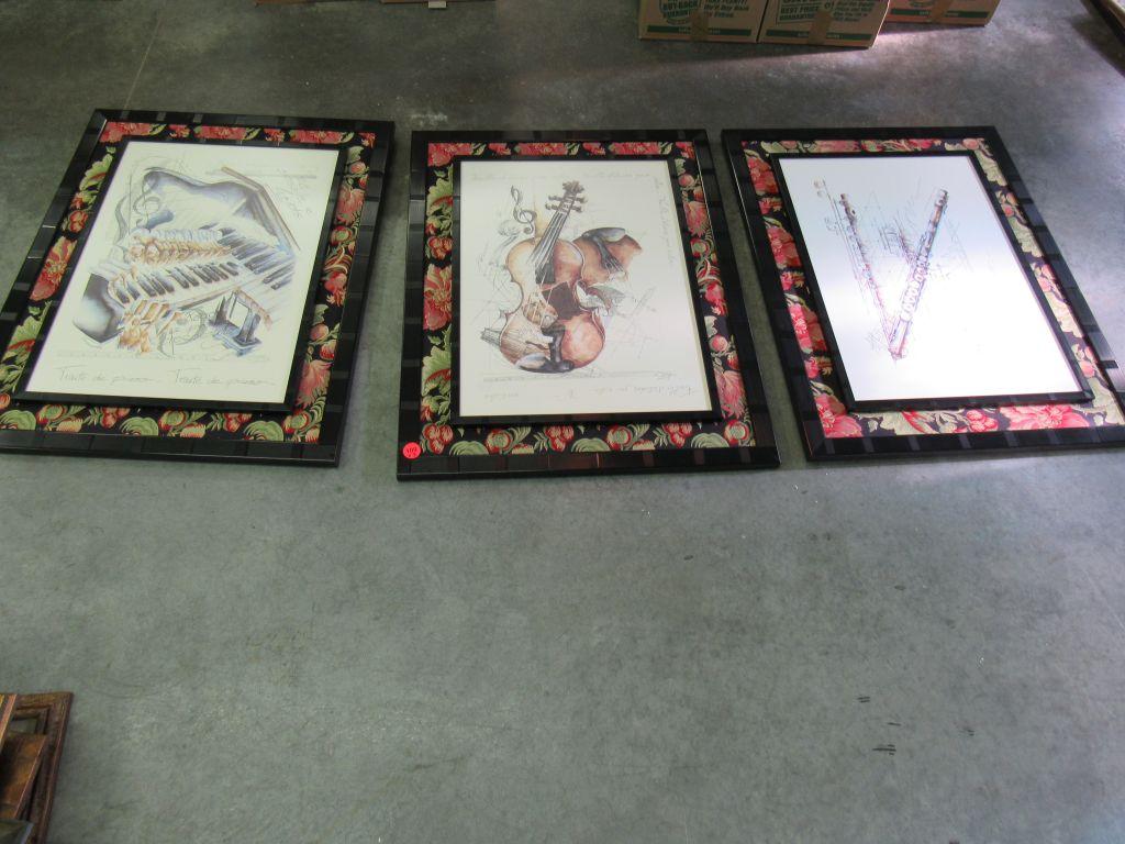 Set of 3 matted pictures that have musical instruments