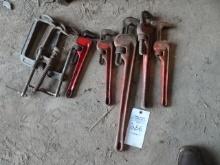 (5) RIDGID PIPE WRENCHES & 3 C-CLAMPS