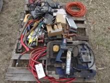 ELECTRICAL SHOP TOOLS, MIL. 3/8" DRILL, LINCOLN 12V GREASER, HAND SAWS & ASST. TOOLS