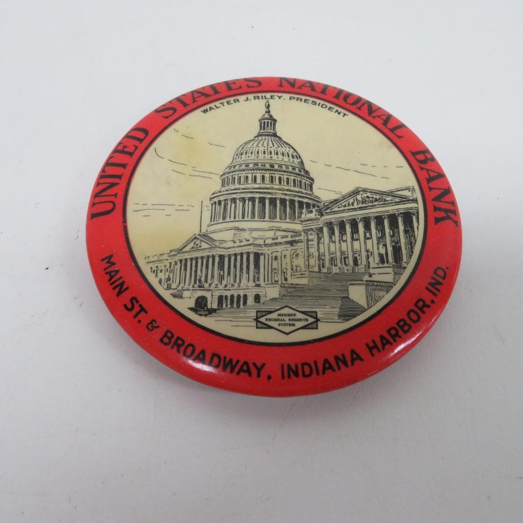 United States National Bank Advertising pocket mirror, 3 1/2" diameter