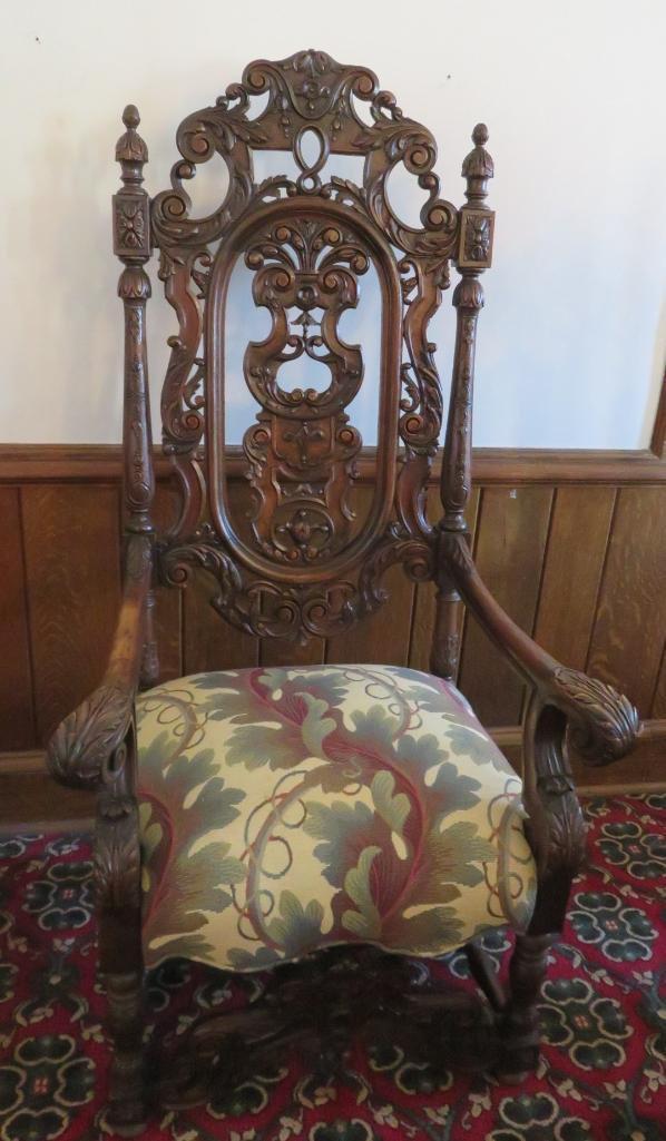 William and Mary style heavily carved side chair with a botanical upholstery seat