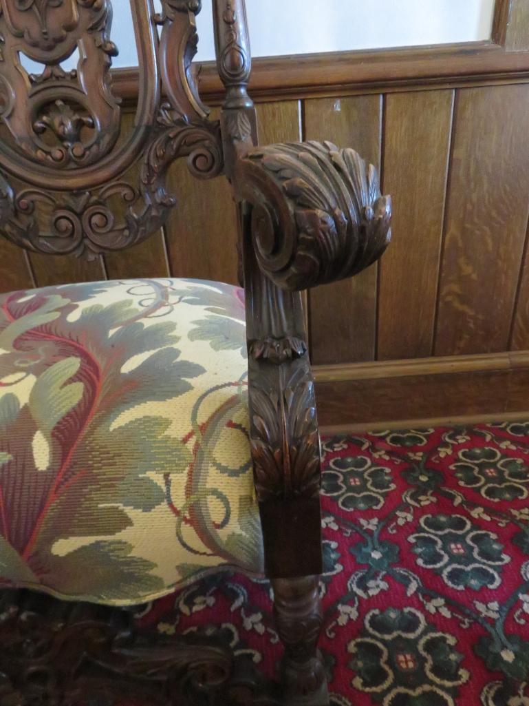 William and Mary style heavily carved side chair with a botanical upholstery seat