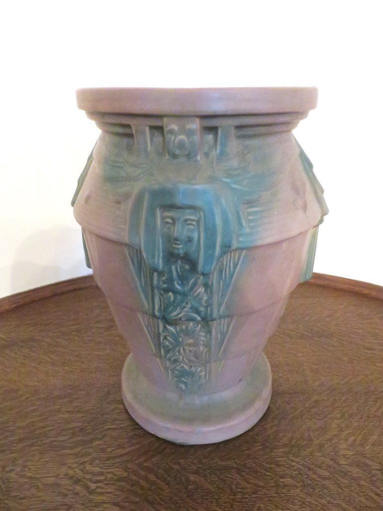 McCoy Art pottery Sphinx Egyptian Sand Jar, unusual mauve color