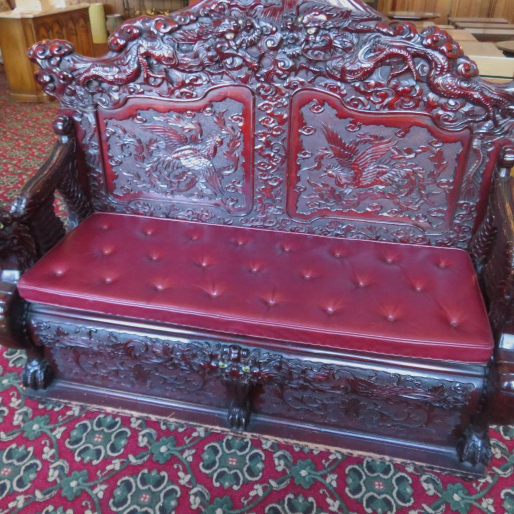 Heavily carved oriental entry bench