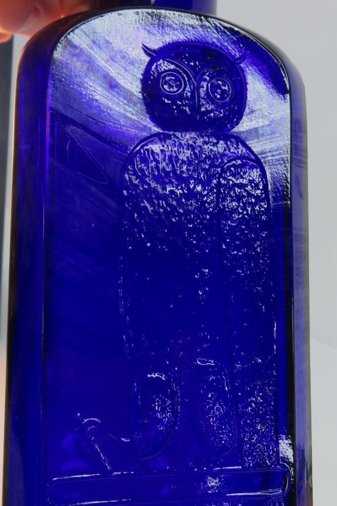 Cobalt Blue Owl Drug Company square bottle, 9 1/2"