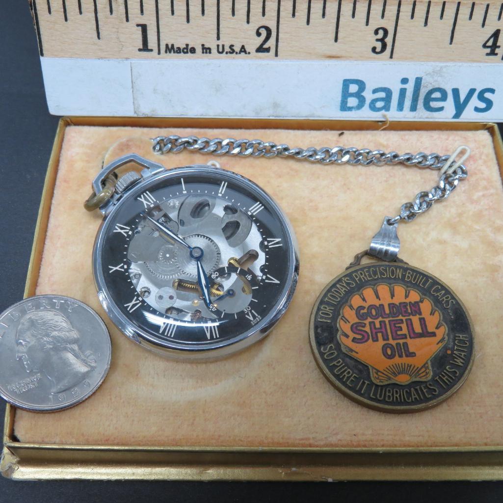 c 1940's Golden Shell Oil Girard - Perregaux & Co. Skeleton Pocket Watch w/orig. Fob and box