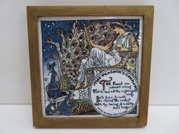 Aetco, Faience Art Tile, woman and peacock, framed 7"