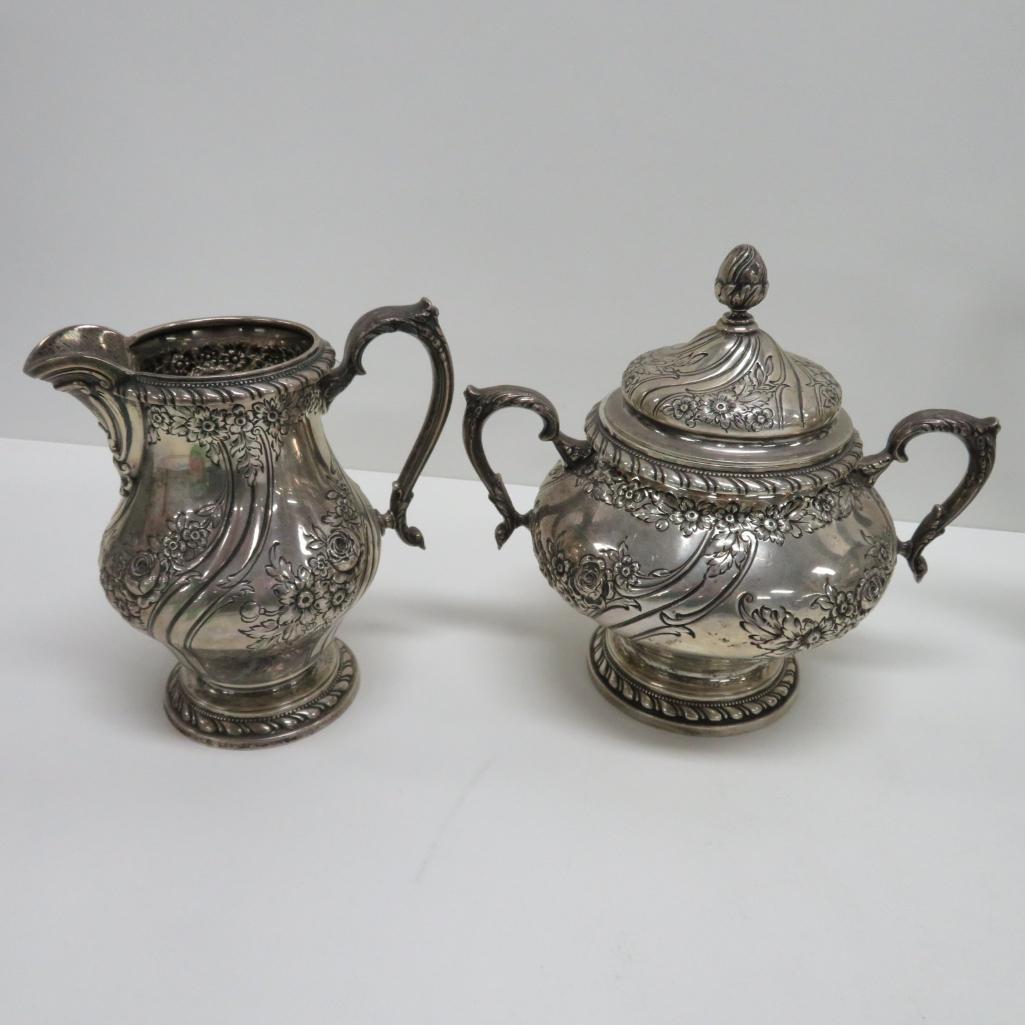 Ornate Devonshire Hand Chased Sterling Silver Coffee Tea Service, four pieces