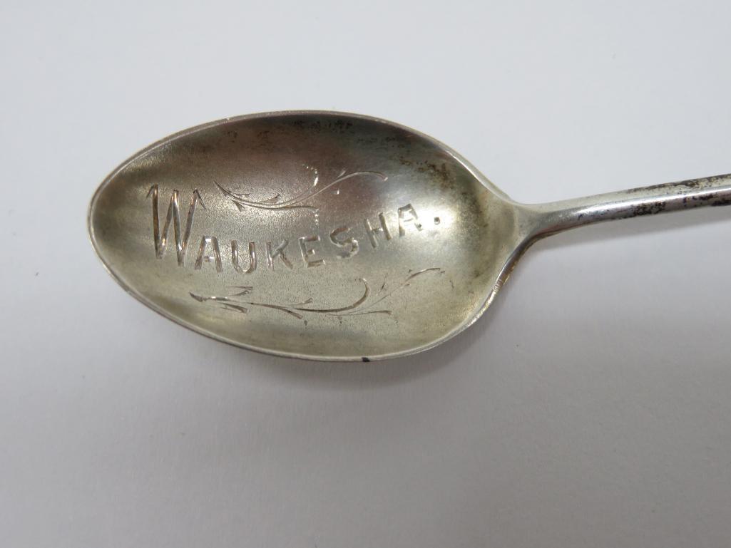 Four Sterling souvenir Spoons, Waukesha Wis and Bethesda Springs Waukesha