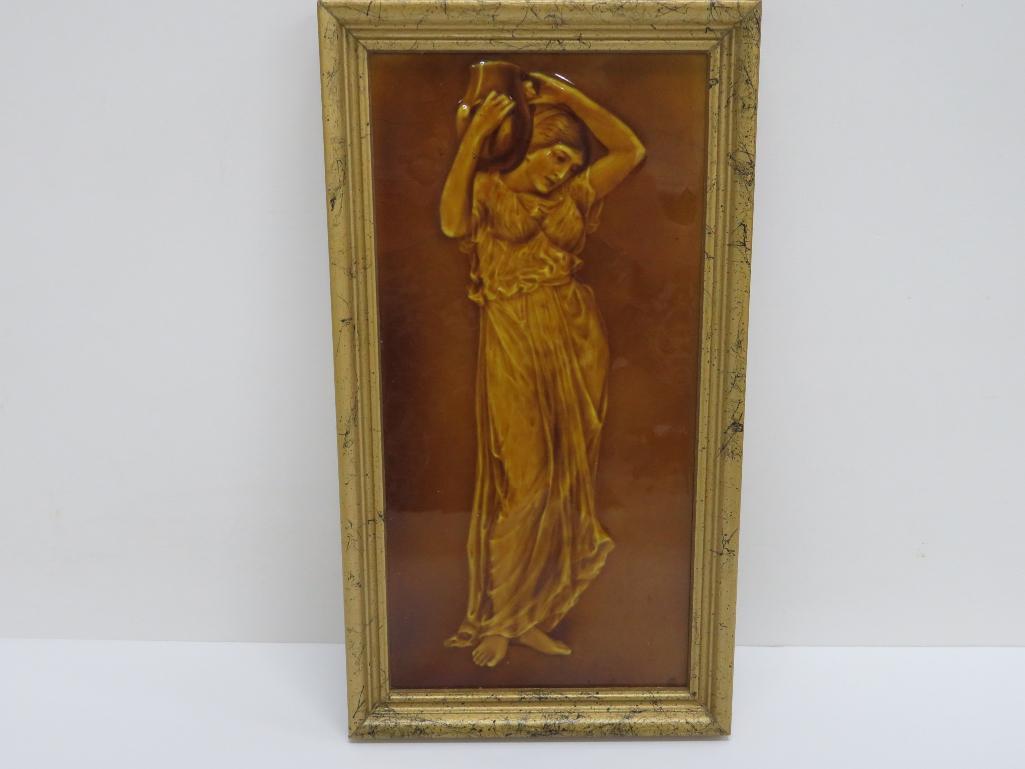 C 1890 Geo Cartlidge Art Tile, woman carrying urn, framed, Hewin & Cotton Co, 13"