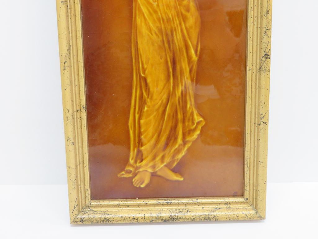 C 1890 Geo Cartlidge Art Tile, woman carrying urn, framed, Hewin & Cotton Co, 13"