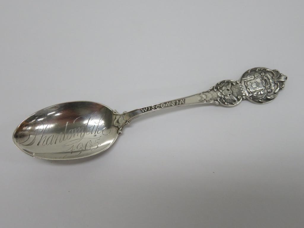 Four Sterling souvenir Spoons, Waukesha Wis and Phantom Lake