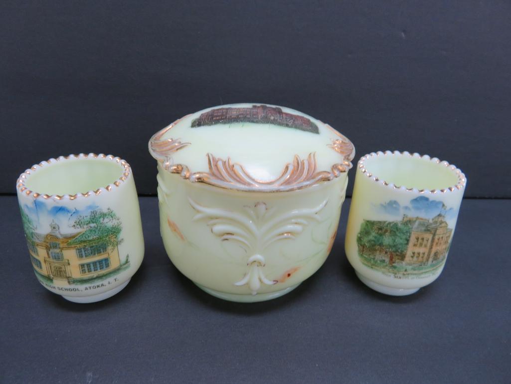 Three Oklahoma School Souvenir Custard Glass Advertising pieces