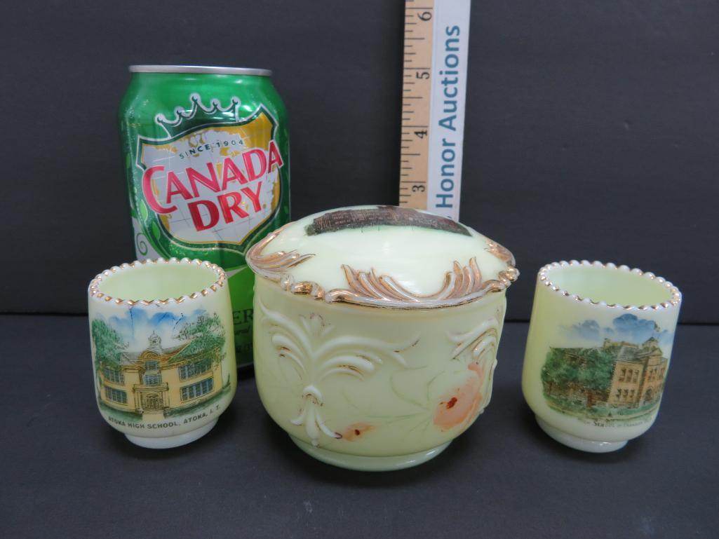 Three Oklahoma School Souvenir Custard Glass Advertising pieces