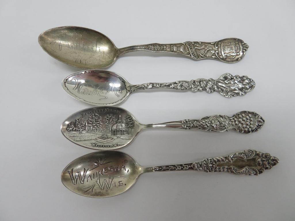 Four Sterling souvenir Spoons, Waukesha Wis and Bethesda Springs