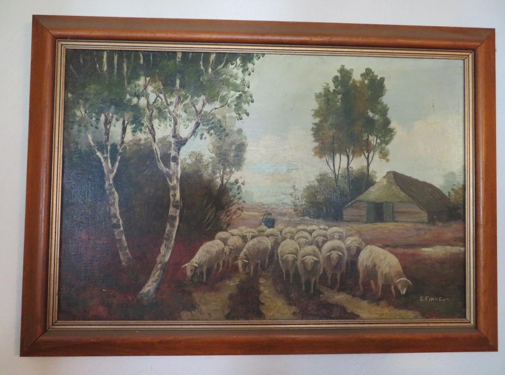 Pastoral oil painting on board by C Finke, framed 27" x 19"