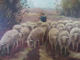 Pastoral oil painting on board by C Finke, framed 27" x 19"