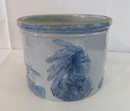 Original Sleepy Eye Butter Crock, blue and grey stoneware, Indian Head and Teepees, 5"