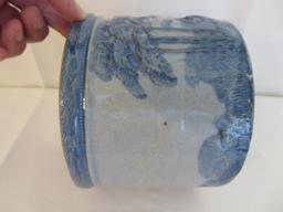 Original Sleepy Eye Butter Crock, blue and grey stoneware, Indian Head and Teepees, 5"