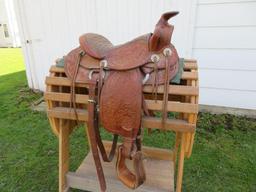 Nice leather tooled saddle, saddle stand, 14" seat