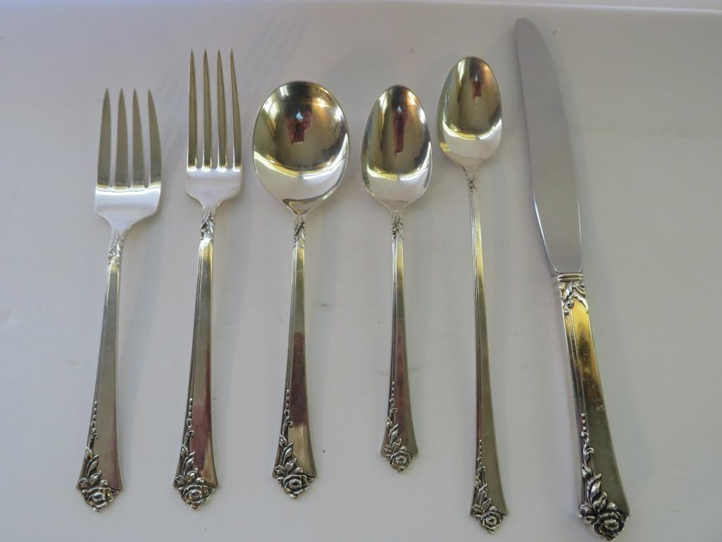 Sterling silver flatware set, Heirloom sterling, Damask Rose, 98 pieces